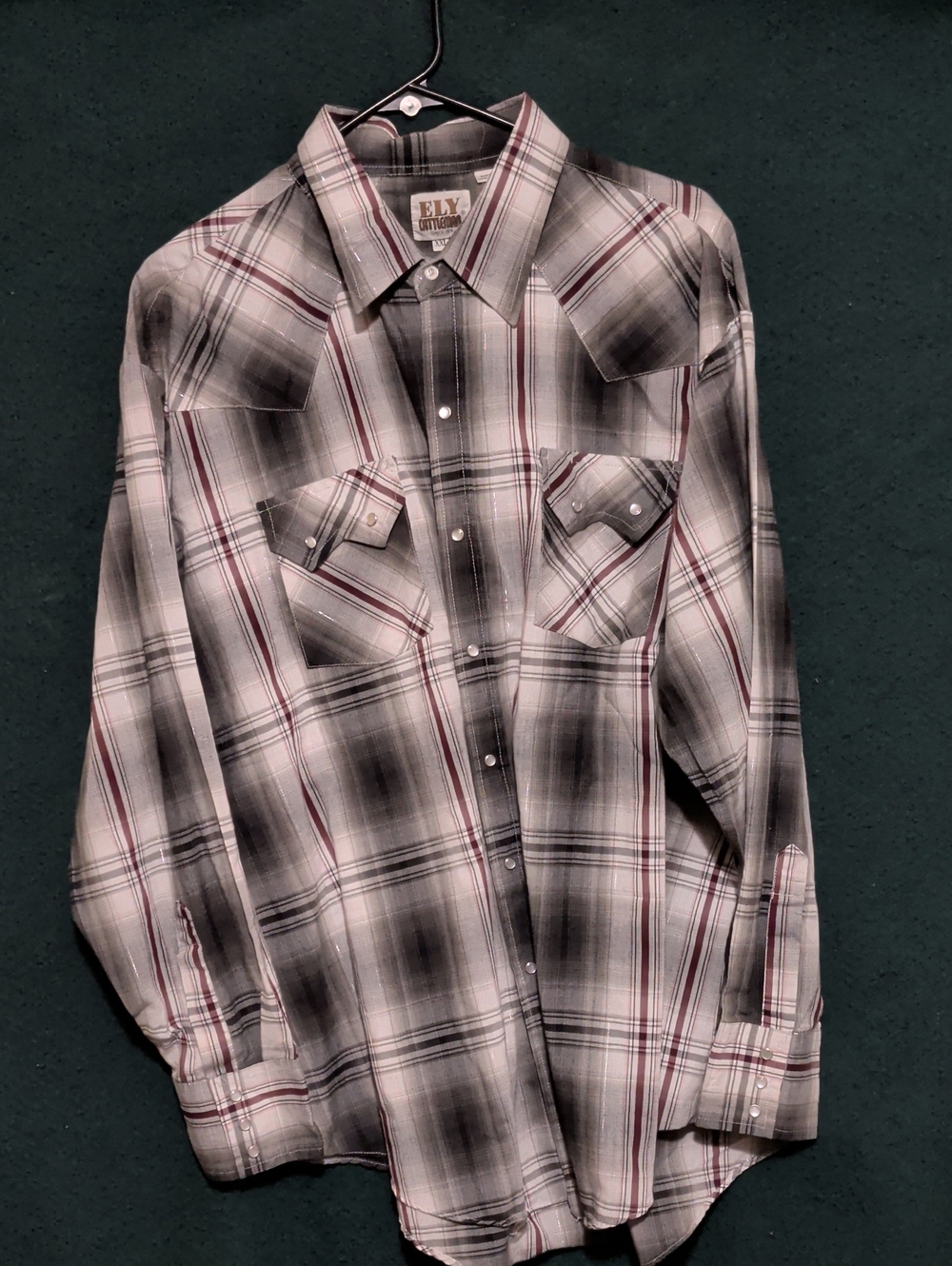 Ely Cattleman Men’s Black, White & Burgundy Plaid Western Shirt
